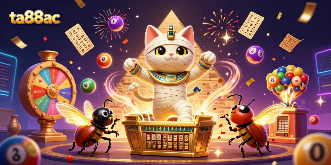 Play exciting games at ta88ac featuring vibrant lottery elements and a mystical mummy cat.