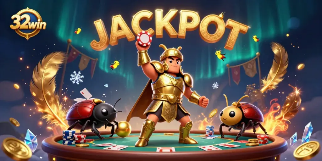 Experience the thrill of 32win with a victorious beetle lifting a poker chip amidst a dynamic casino scene.