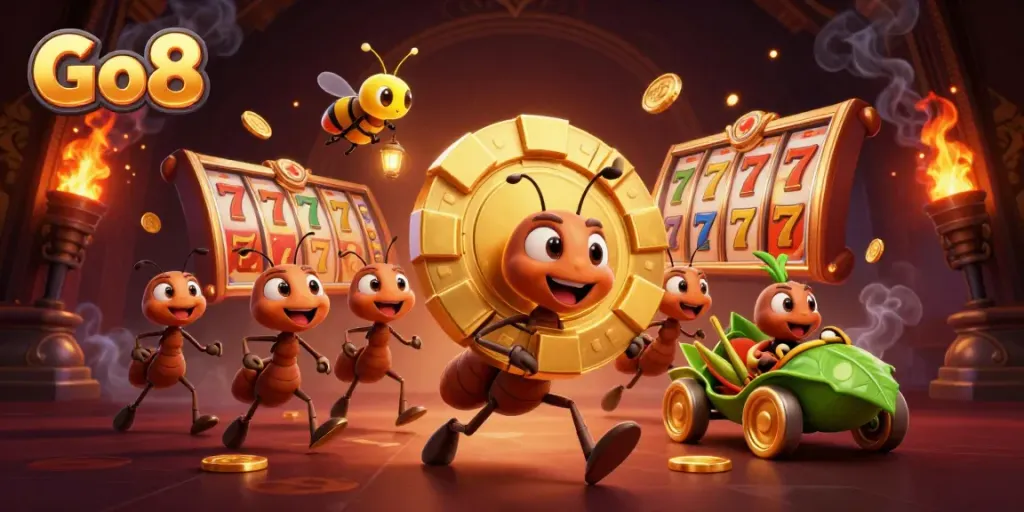 Mobilize in Go 8's exciting casino adventure with a heist led by ants and vibrant slot reels!
