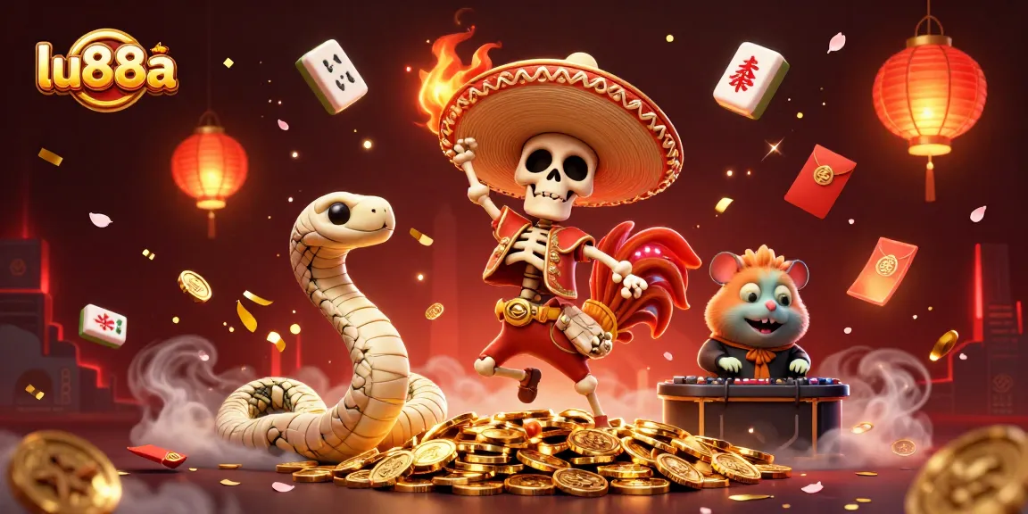 lu88a showcases an electric victory dance scene with unique casino characters amidst vibrant game elements