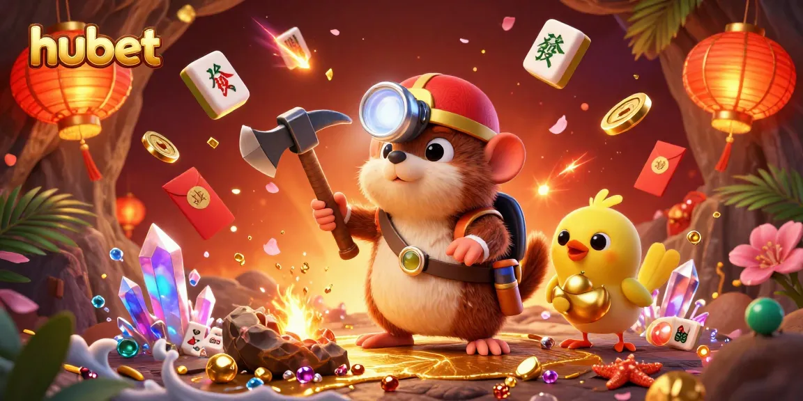 Experience the thrill of hubet with a vibrant 3D illustration of gaming treasures and lively characters.