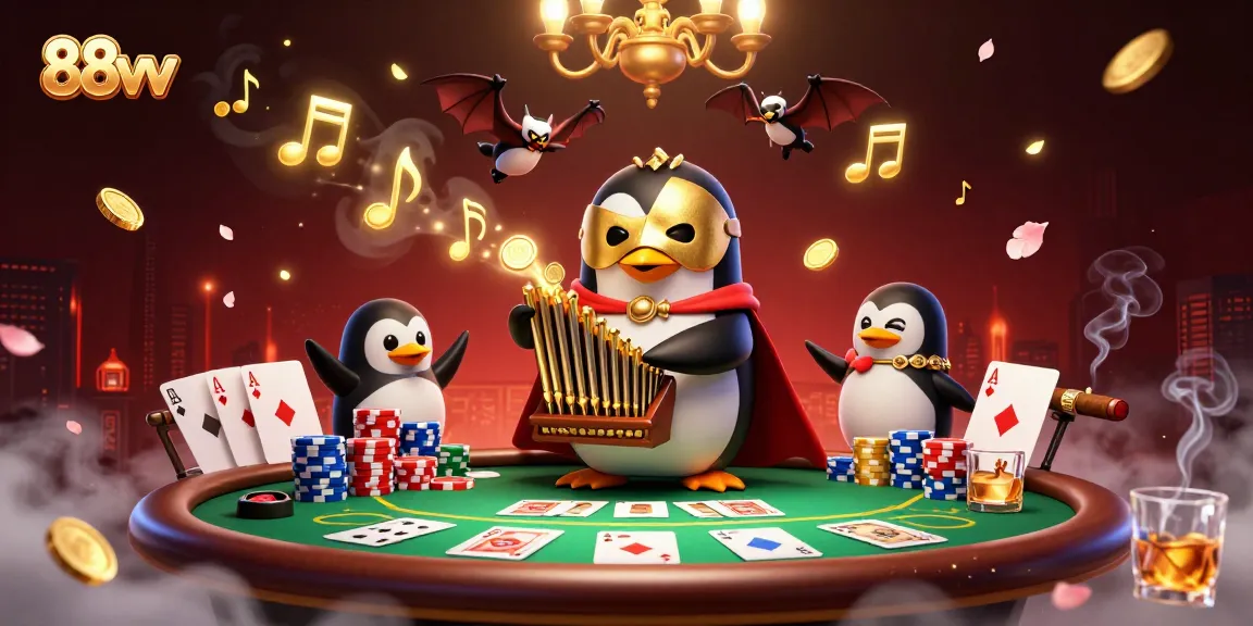88vv casino themes blend with an enchanting 3D scene of a penguin organist and flying bat acrobat.