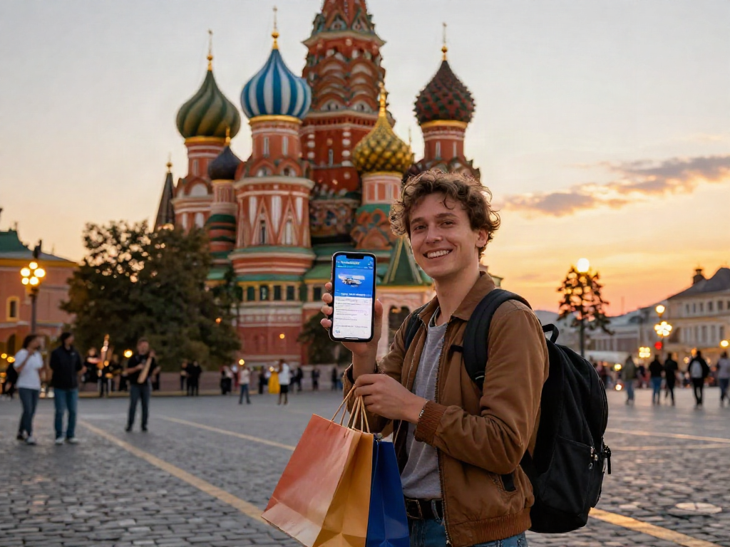 Un turista usando la aplicación https://payinrussia.com/ en una plaza histórica de Rusia mientras explora y compra.