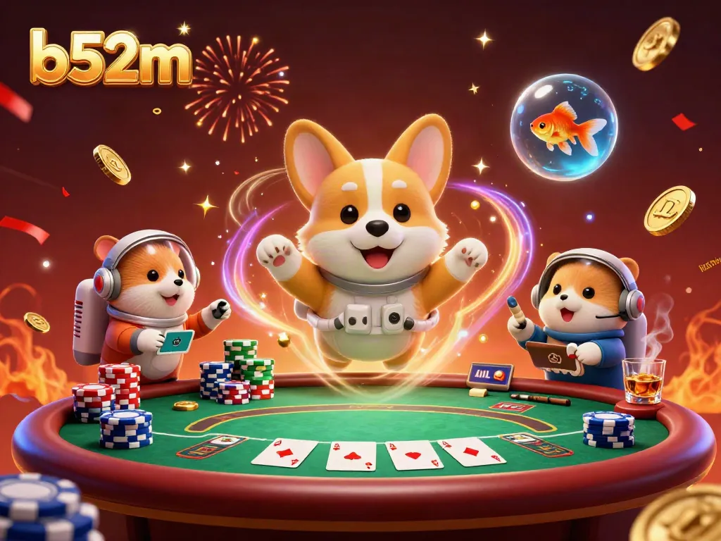 Experience the excitement at b52m, where a corgi astronaut and friends enjoy zero gravity gaming.