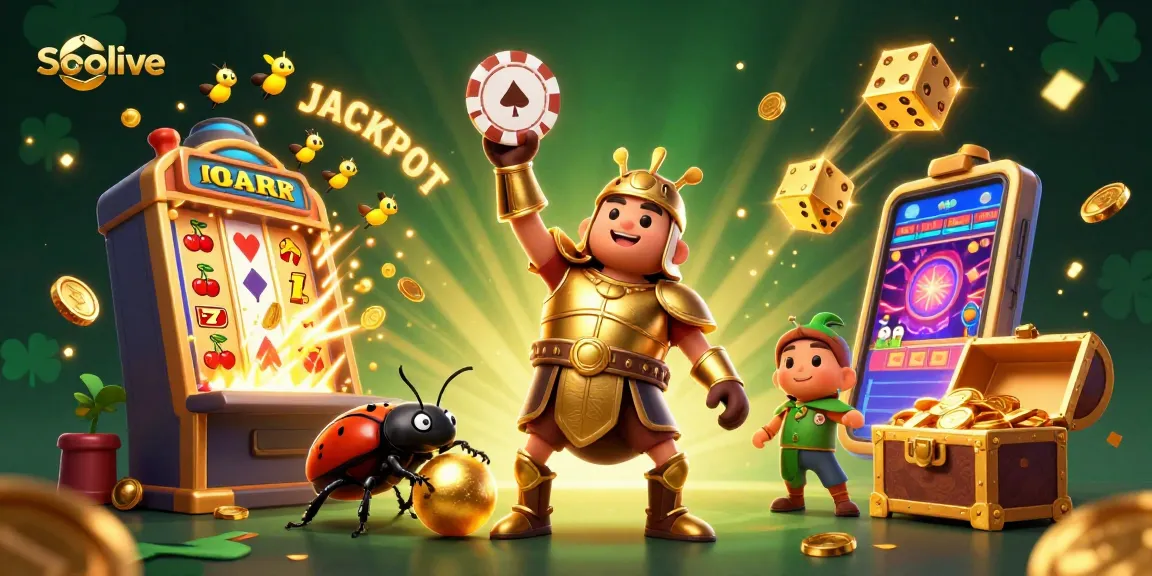 Socolive leads with a fun illustration of a hercules beetle in armor, celebrating a jackpot in a vibrant casino scene.