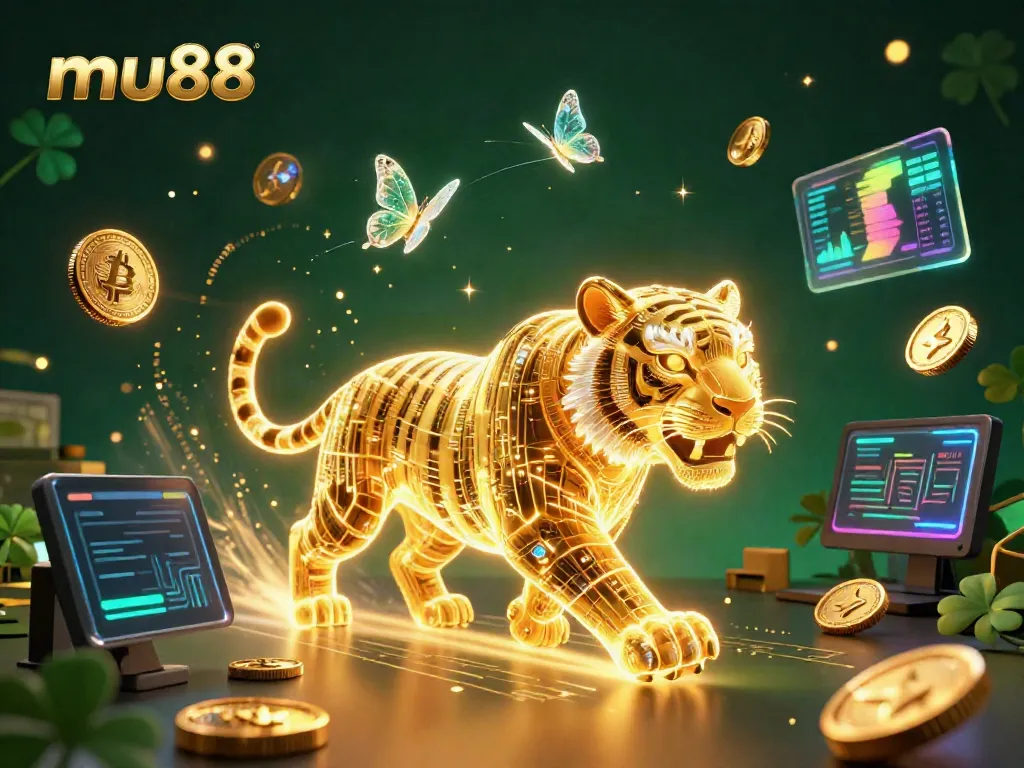 Experience the vibrant world of mu88 with a neon-wireframe golden tiger in a digital casino.