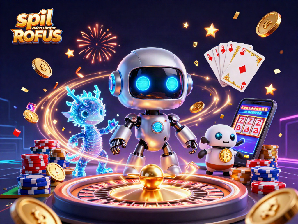 Engage in spil casino uden om ROFUS amidst vibrant 3D casino elements featuring robots and rich gaming symbols.