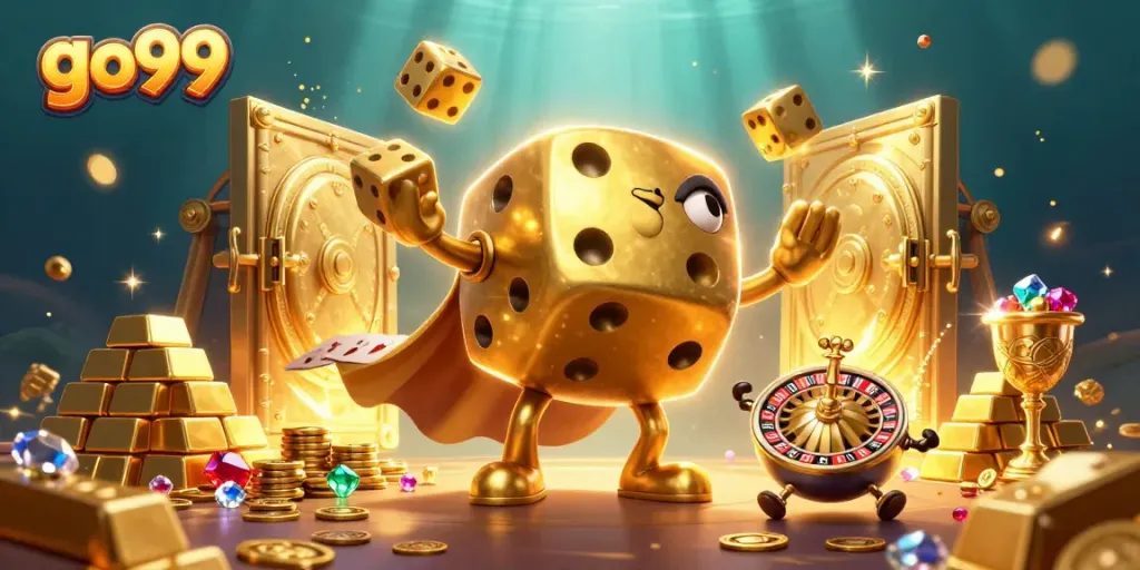 Win at go99 with exciting golden dice golem and vibrant casino elements in 3D illustration.