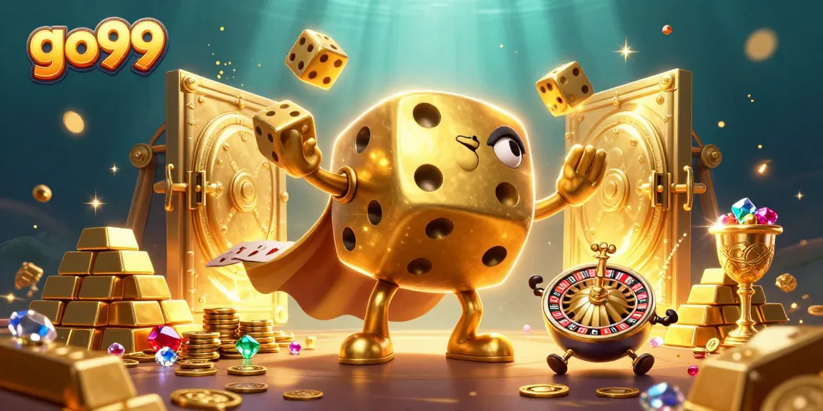 Win at go99 with exciting golden dice golem and vibrant casino elements in 3D illustration.