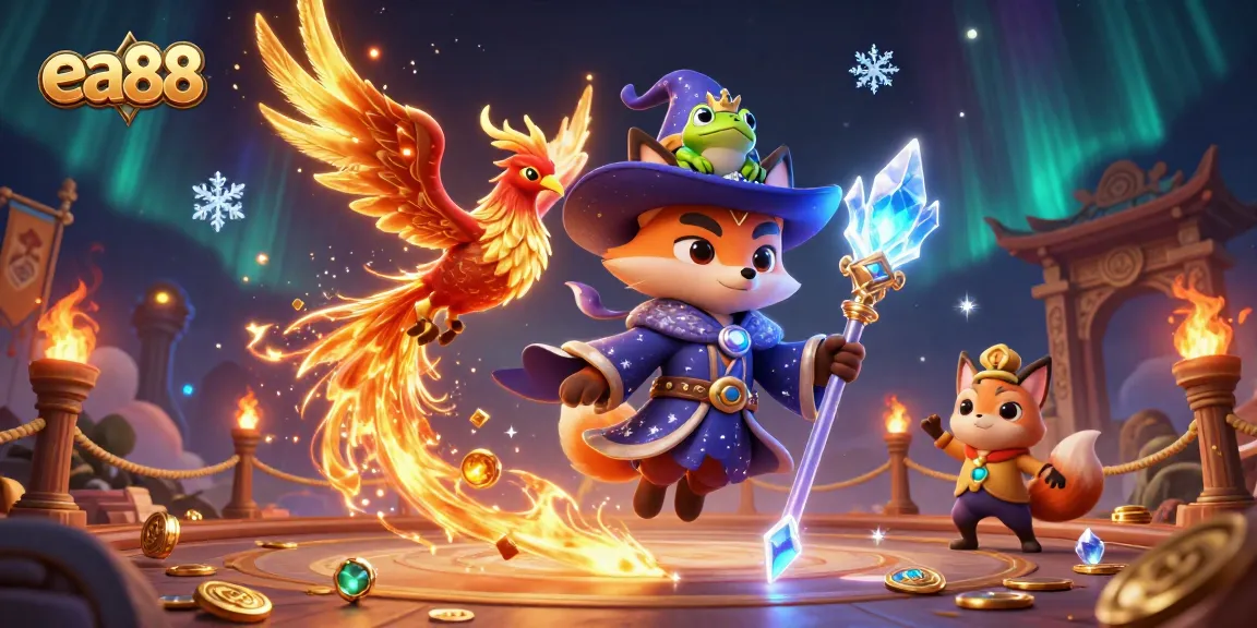 Bet on thrilling adventures with ea88 in this magical casino illustration, featuring a wizard fox and phoenix.