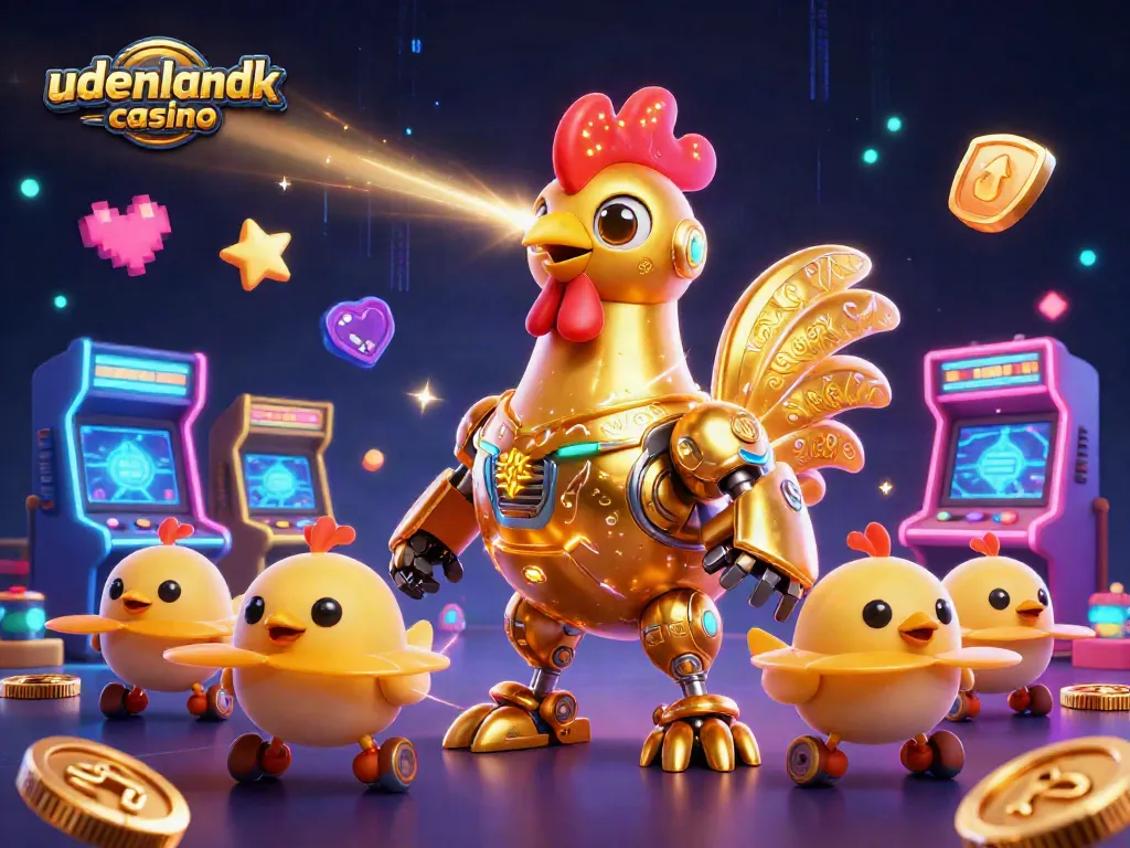 Engage with the udenlandsk casino experience featuring a futuristic golden rooster shooting lasers.