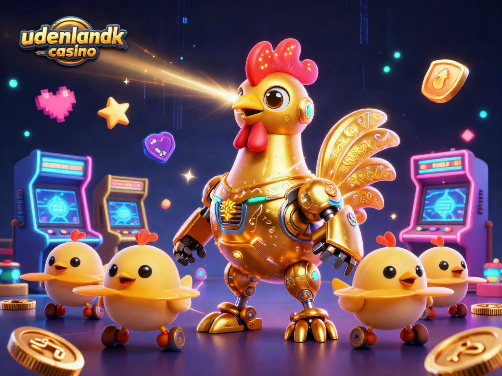 Engage with the udenlandsk casino experience featuring a futuristic golden rooster shooting lasers.
