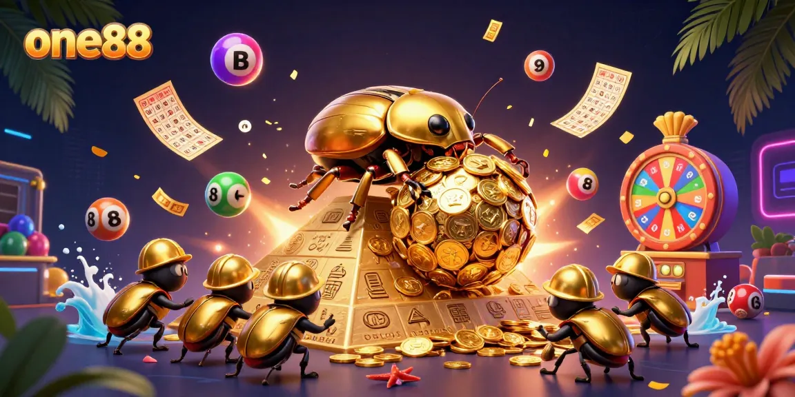 Spin to win at one88 with golden beetles and vibrant lottery balls in a dynamic casino scene.