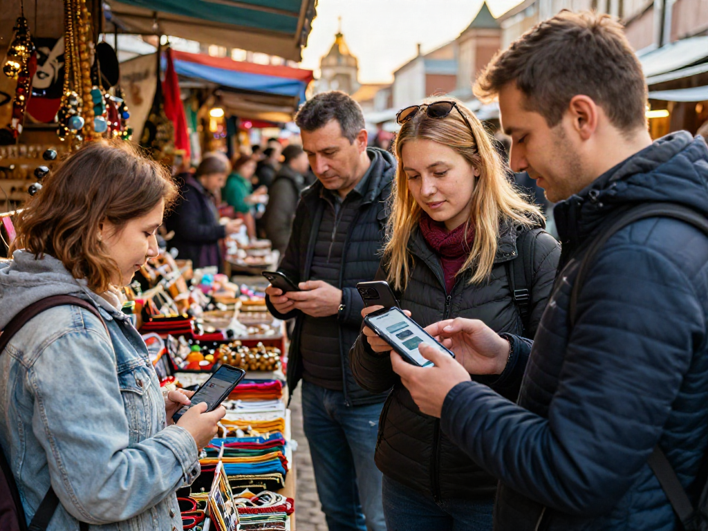 Turistas usando https://payinrussia.com/ para pagar en un mercado ruso vibrante, disfrutando de la experiencia cultural.