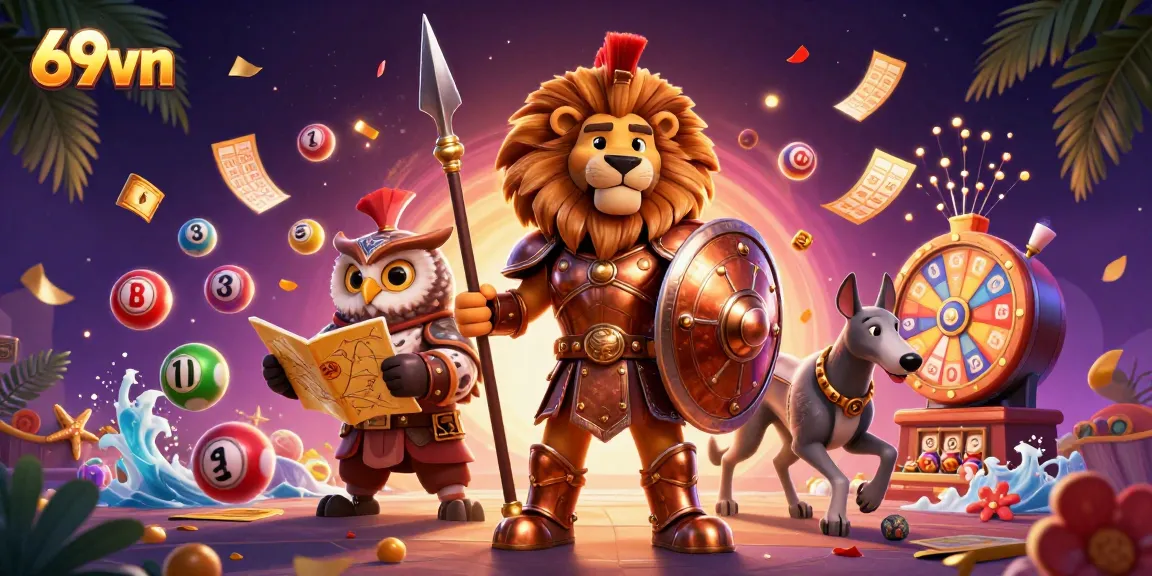 Engage in thrilling lottery action with the vibrant 69vn illustration of a Spartan lion, owl, and greyhound.