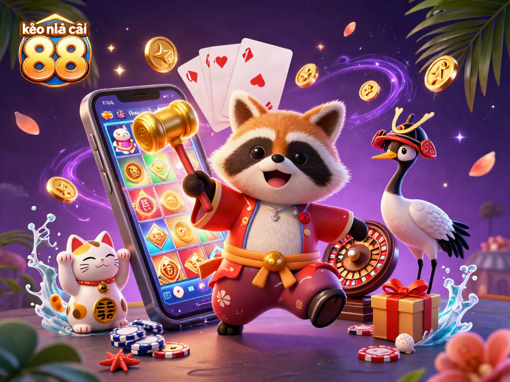 Engaging illustration showcasing kèo nhà cái 88 with a tanuki and lucky charm elements in a vibrant casino setting.