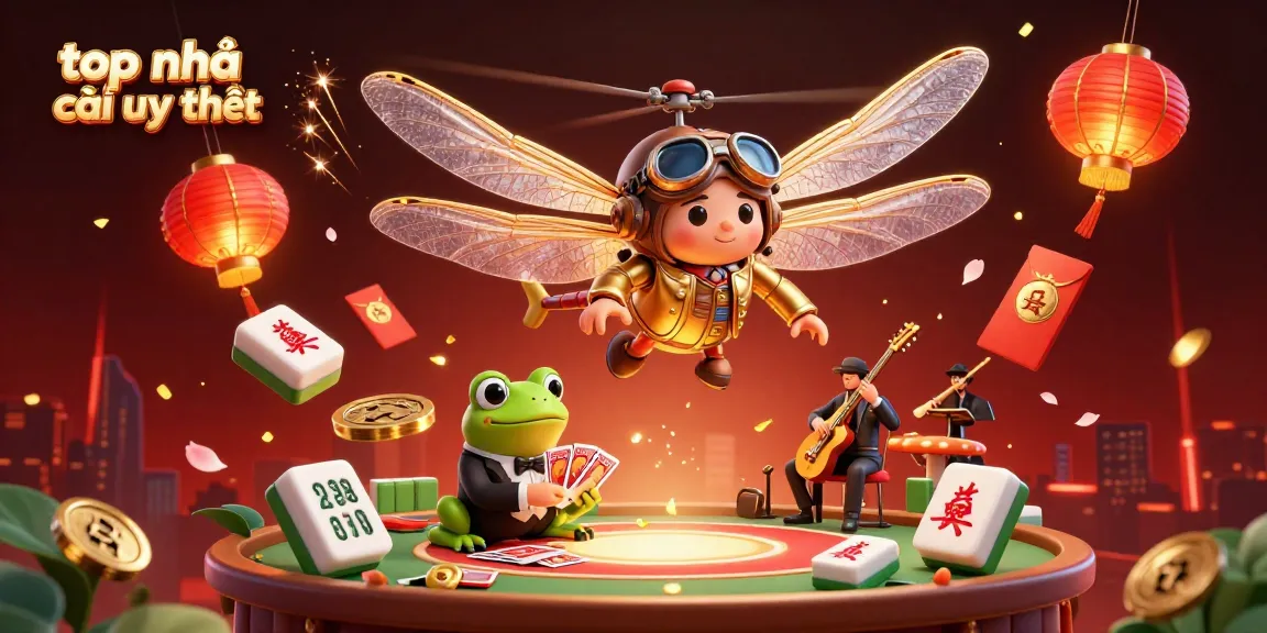 Experience the excitement of top nhà cái uy tín with dynamic casino scenes featuring a dragonfly pilot and frog croupier.
