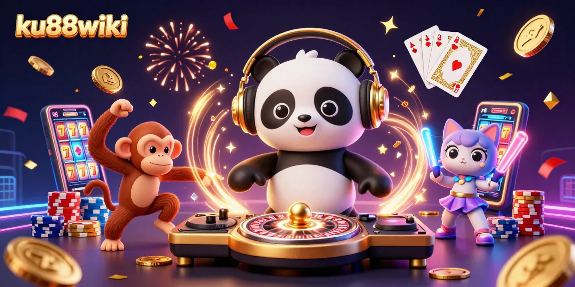 ku88wiki offers a vibrant 3D casino scene with characters enjoying games and festive elements.