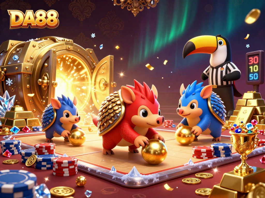 DA88 pangolins bowling through poker chips showcasing exciting casino action in a vibrant scene.