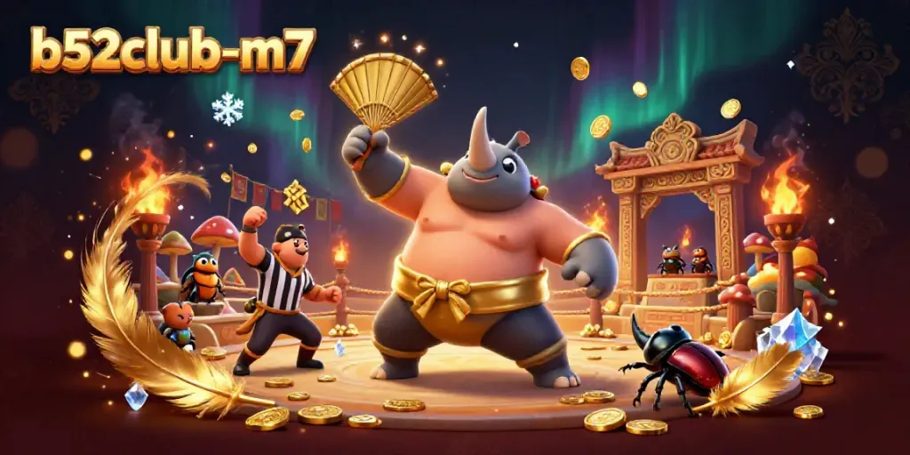 Engage with exciting b52club-m7 gameplay featuring a dynamic sumo beetle battle amidst flying coins.