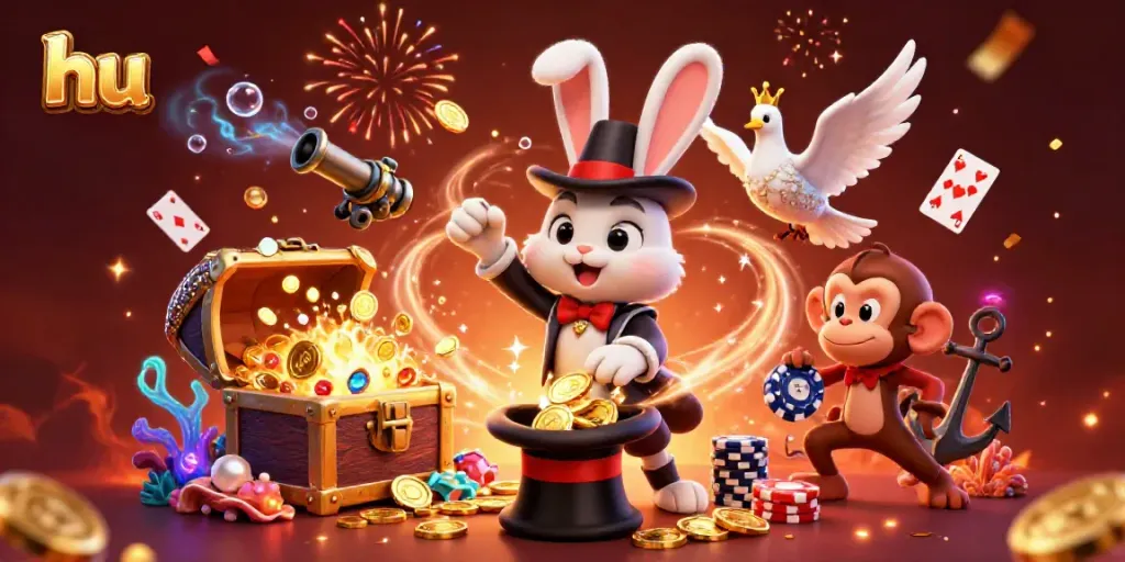 Engage with hu’s thrilling gaming experience in this vibrant fantasy scene featuring dynamic casino elements.