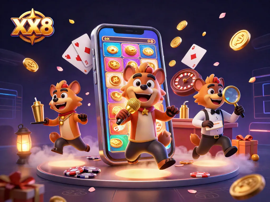 Hyenas at XX8 casino club performing comedy with drinks, slots, and poker elements.