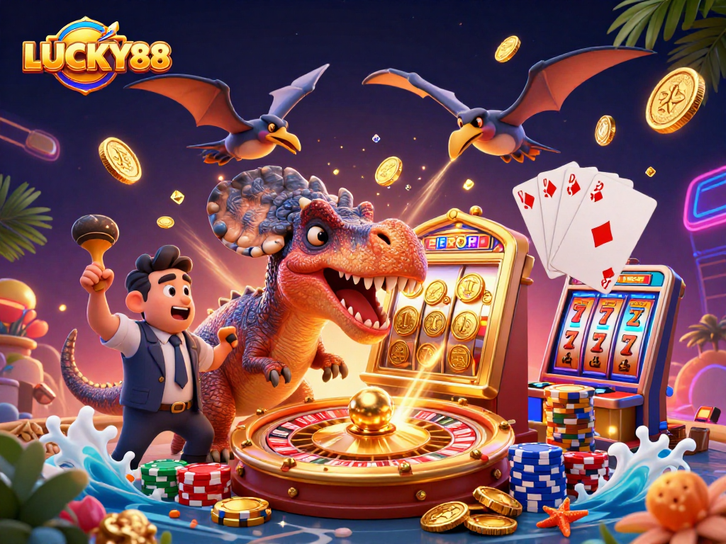 LUCKY88 characters in a colorful casino scene with gold coins and vibrant game elements