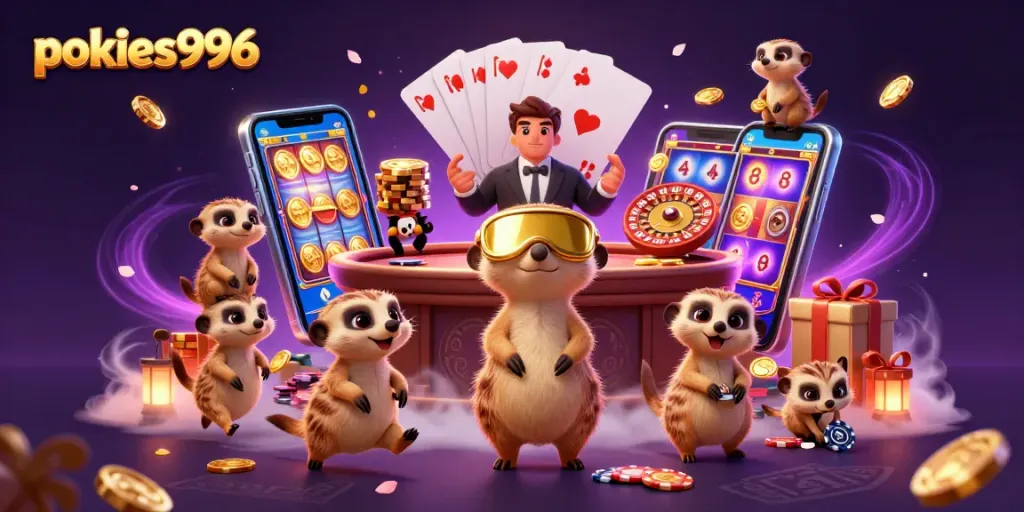 Experience pokies996 excitement as meerkats manage a vibrant casino scene with colorful games.