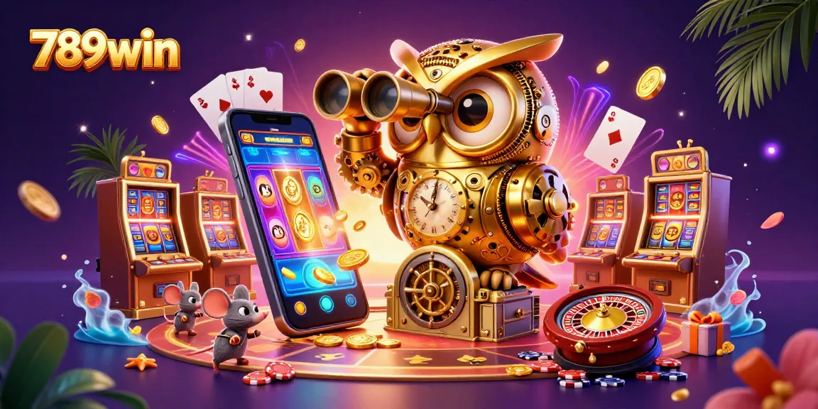 Engage with 789win's vibrant casino scene featuring a whimsical clockwork owl and games of chance.