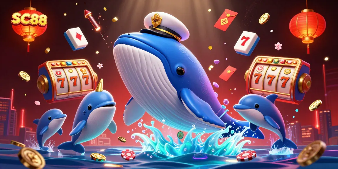 Engage with SC88's vibrant casino atmosphere featuring a whale, narwhal, and dolphins among slots and coins.