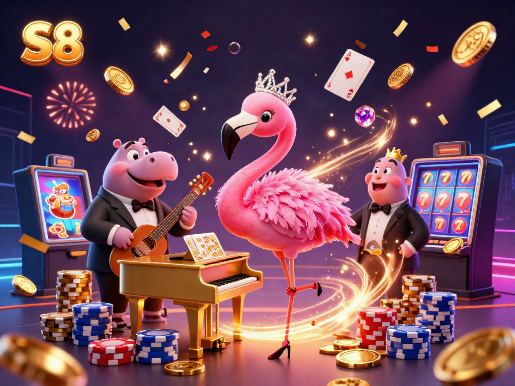 Join the fun at S8 as the casino flamingo singer entertains with vibrant games and colors.