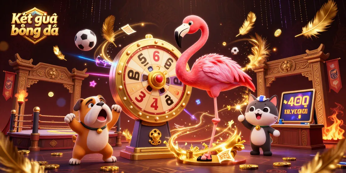 Kết quả bóng đá illustrated with a dynamic scene featuring a flamingo host, excited bulldog, and scoreboard cat amidst sports betting elements.