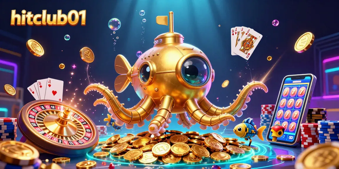 Experience the thrill at hitclub01 with vibrant 3D casino excitement featuring a golden kraken submarine and dynamic game symbols.