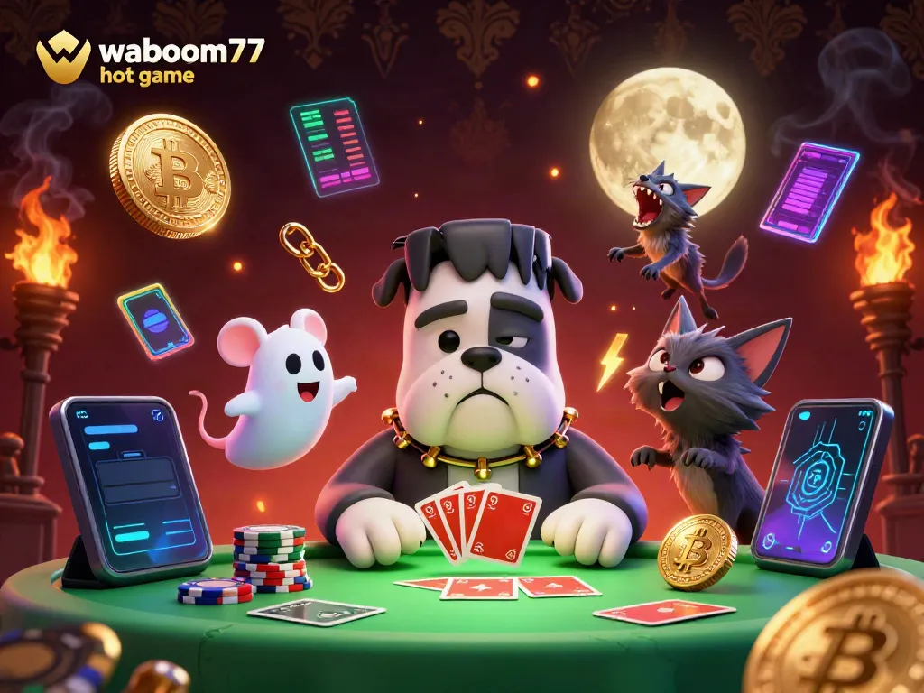 Experience the thrilling waboom77 hot game as a cartoon bulldog monster deals cards in a vibrant casino setting.