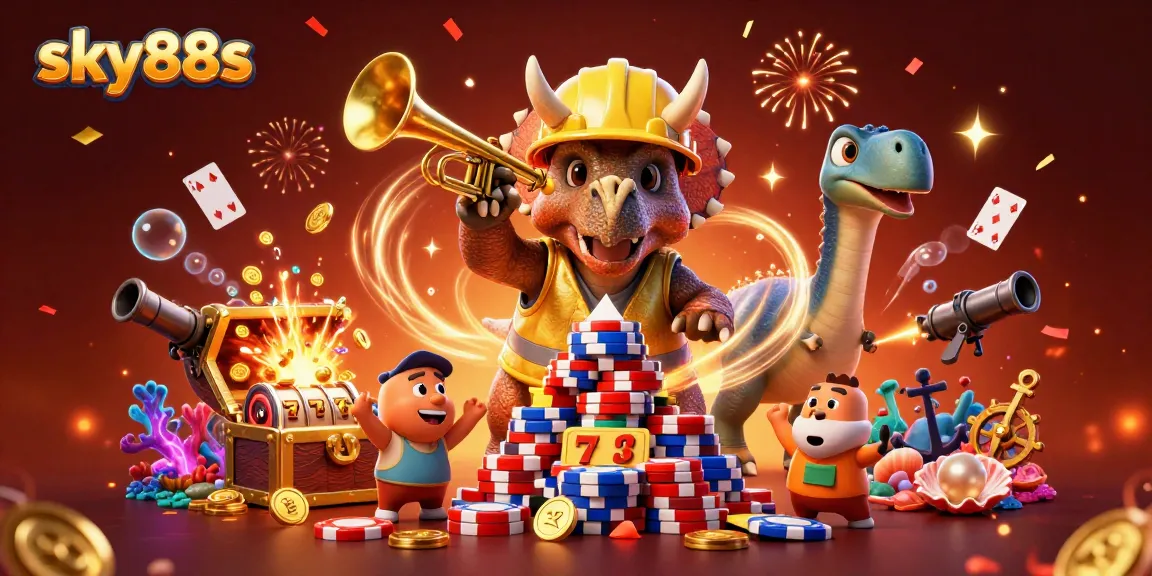 Sky88s players celebrate a jackpot win amidst a vibrant 3D casino scene filled with gold coins and festive elements.