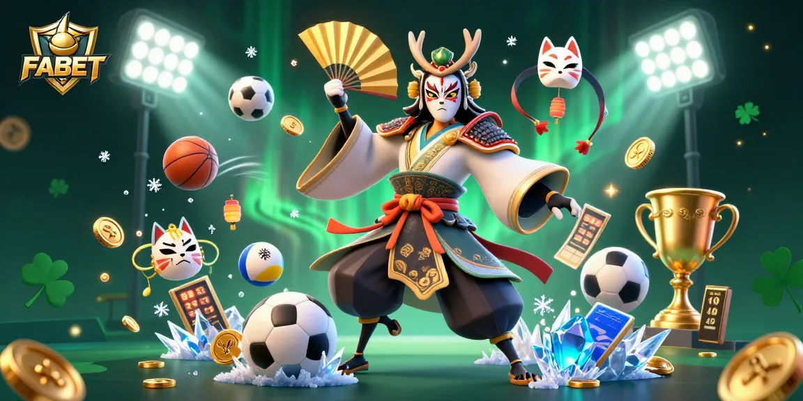 FABET showcases dynamic sports betting with a kabuki warrior amidst vibrant symbols of fortune.