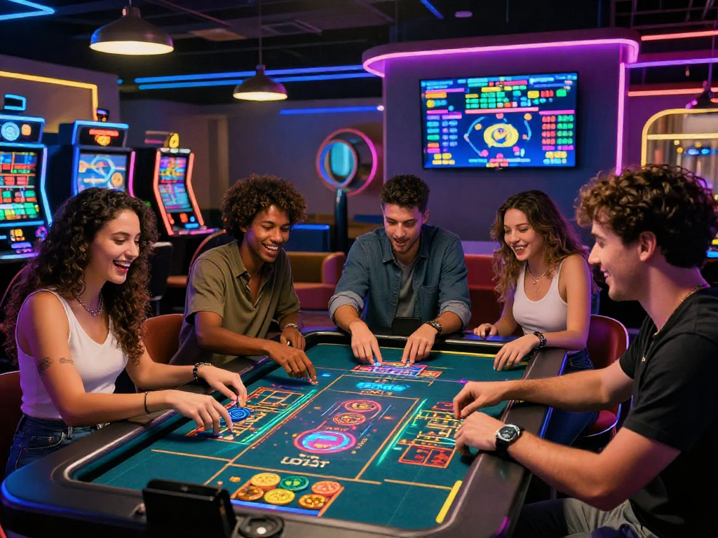 Crypto casino gaming table scene with friends enjoying digital games in a vibrant atmosphere
