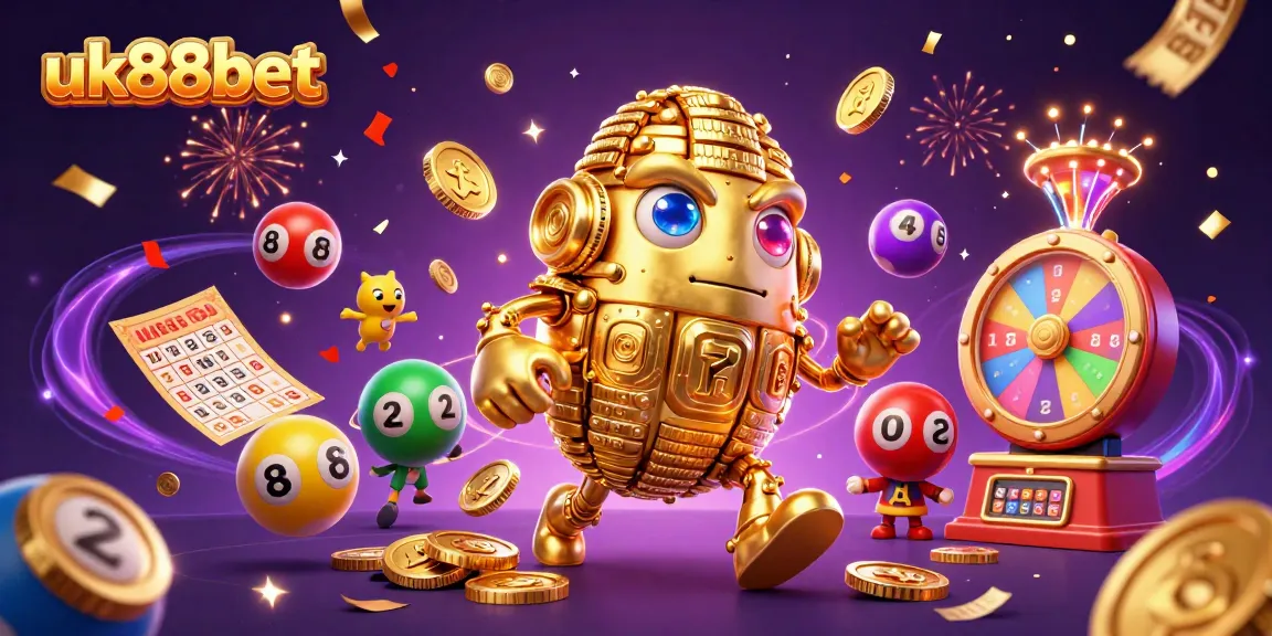 Spin and win at uk88bet with vibrant casino elements and a golden golem animation.