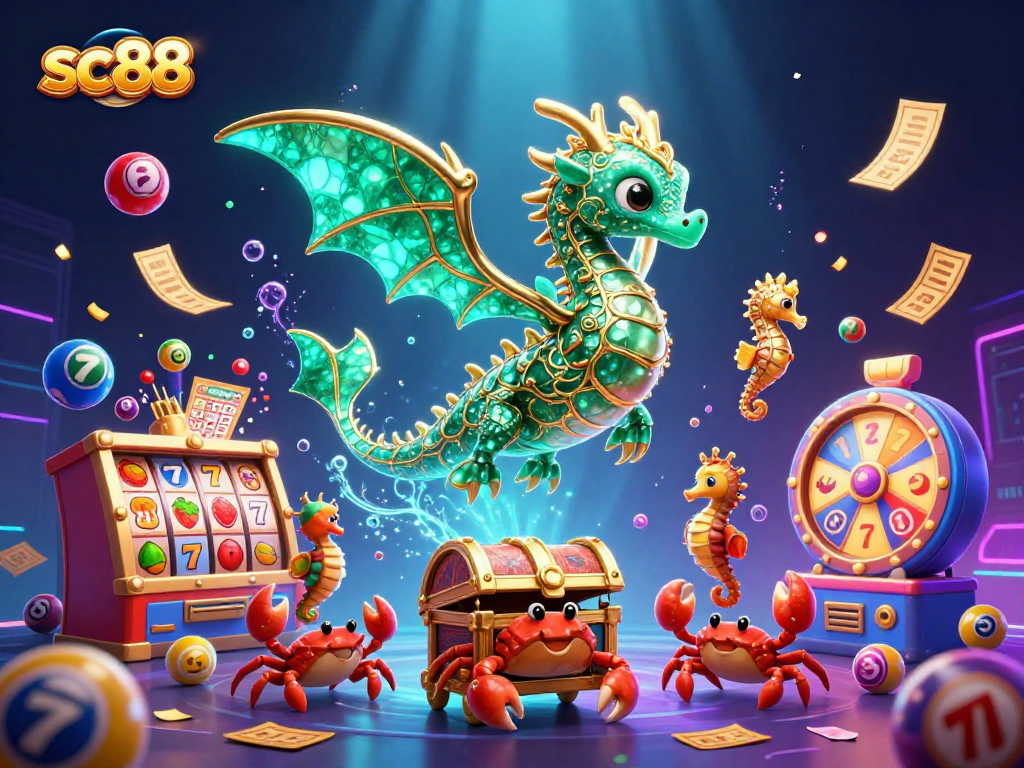 Experience exciting wins with sc88 surrounded by colorful lottery balls and treasure in a vibrant sea.