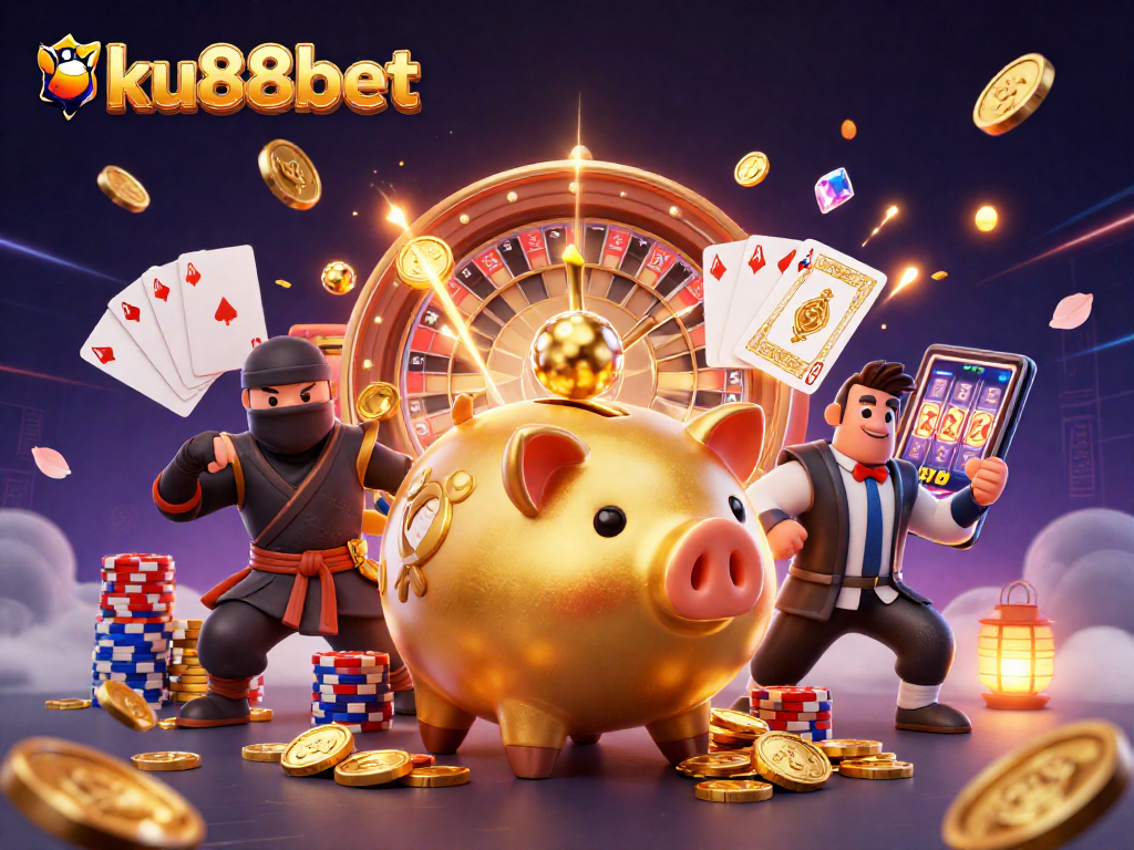 ku88bet gameplay showcasing vibrant characters and casino elements in a dynamic 3D illustration