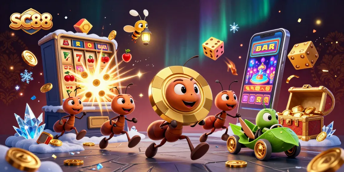 Catch the SC88 heist in action with ants, jackpot symbols, and a grasshopper getaway driver!