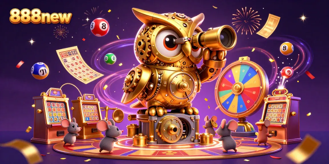 Experience thrilling gaming with 888new's engaging slot machines and lottery action in a vibrant casino scene.