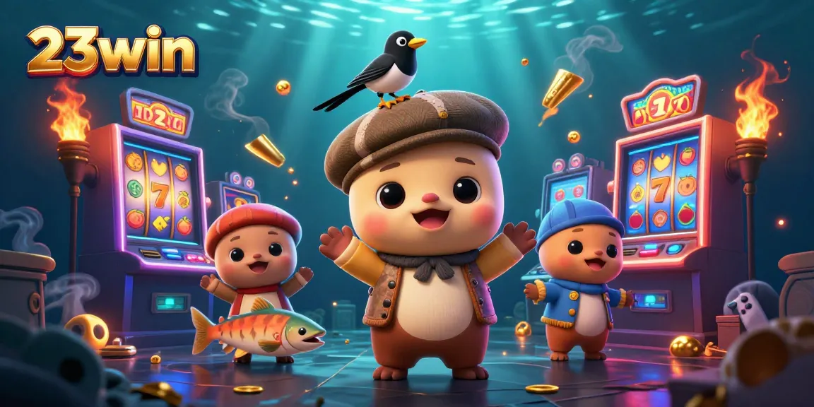 Spin the reels of 23win with colorful cartoon characters and exciting casino game elements.