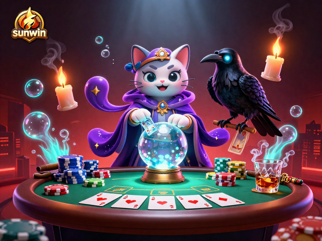 Engage in thrilling poker action with the sunwin mystic cat, raven, and vibrant casino elements.