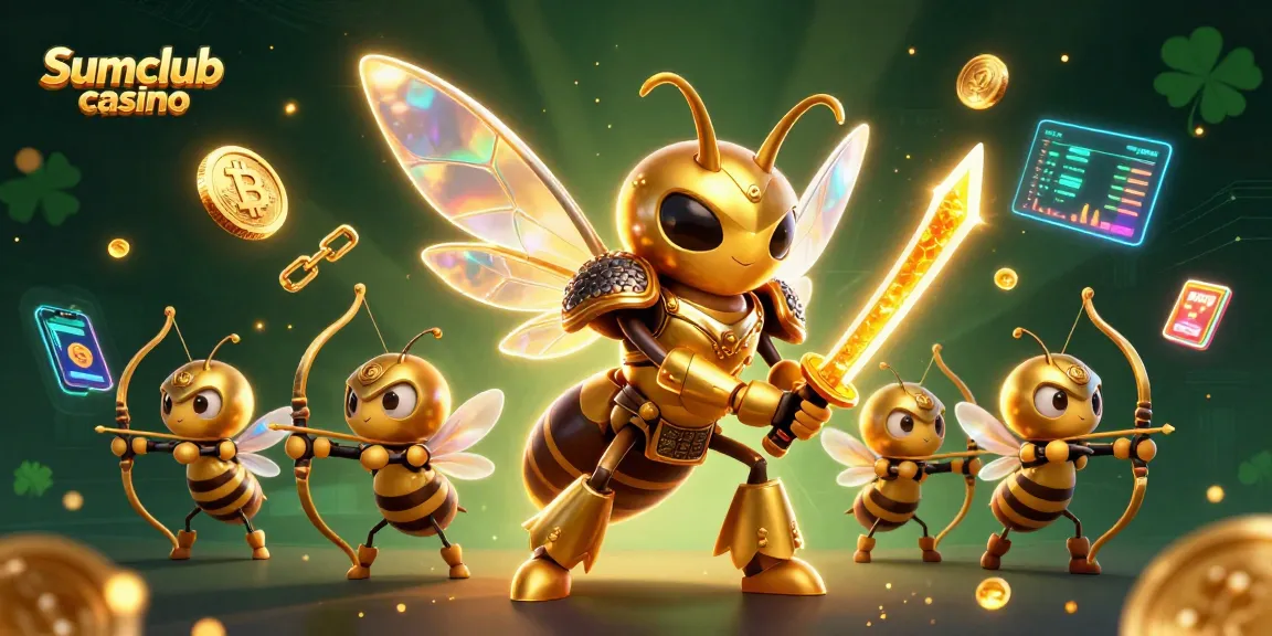 Engage with Sumclub casino for a vibrant and dynamic gaming experience featuring a golden hornet samurai surrounded by crypto elements.