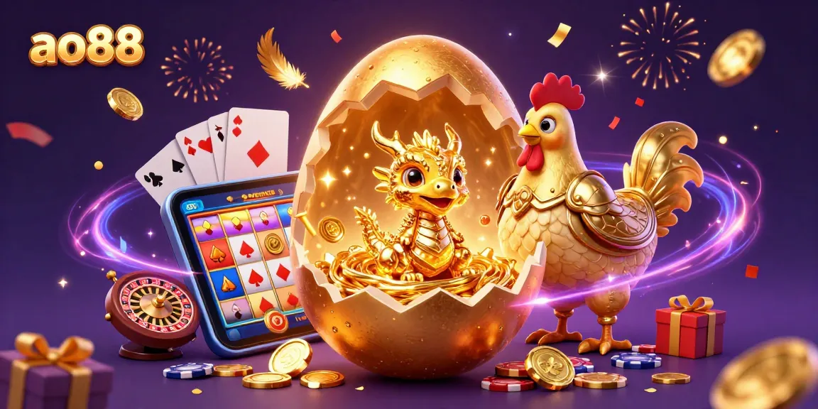 Spin and win at ao88 with a golden baby dragon amidst poker chips and vibrant casino elements.