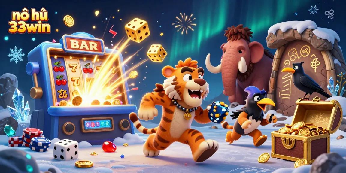 Nổ hũ 33win showcases a vibrant scene of a caveman duo, a tiger, and a crow managing a casino adventure with exciting jackpot visuals.