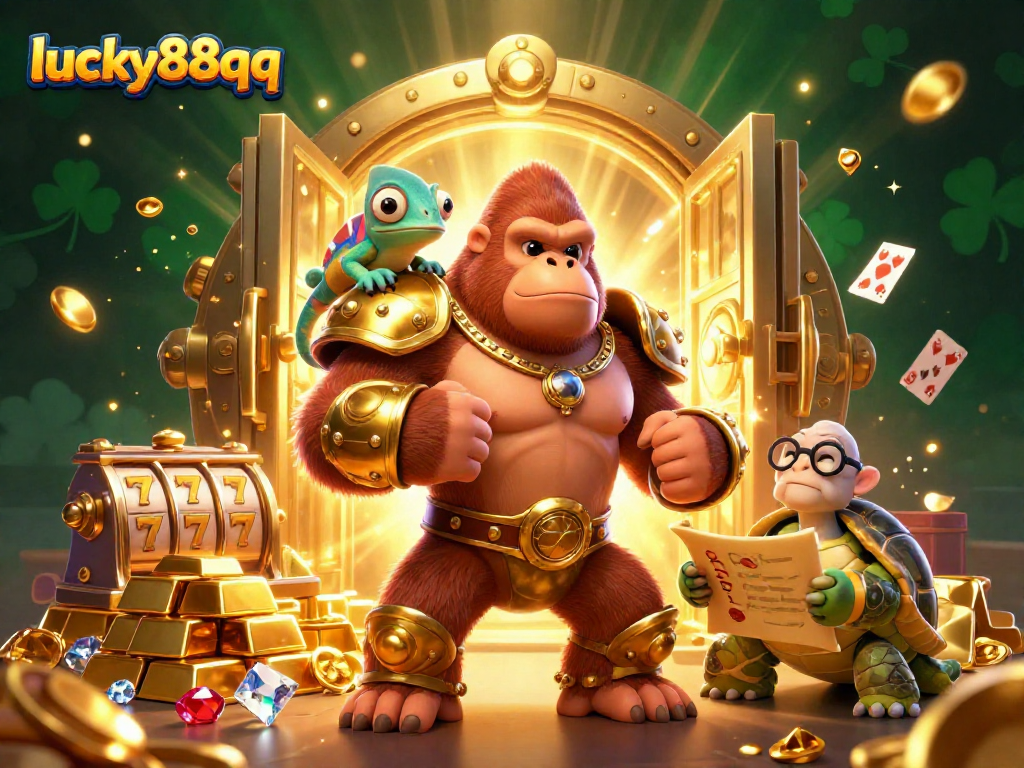 Engage with lucky88qq's vibrant casino scene featuring a powerful gorilla king and treasure galore.