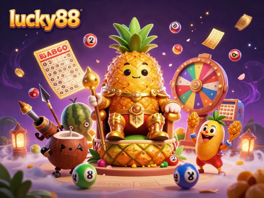 Immerse in the exciting world of lucky88 as a golden pineapple king reigns over dynamic casino elements amidst vibrant visuals.