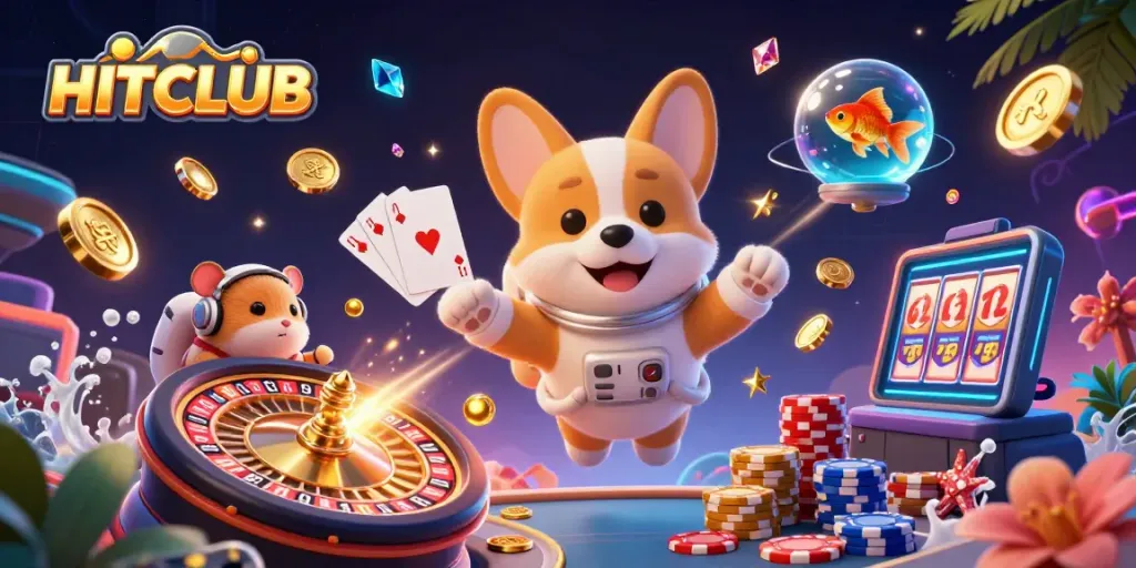 Engage in the HITCLUB online casino universe with a vibrant illustration featuring cosmic characters and gaming elements.